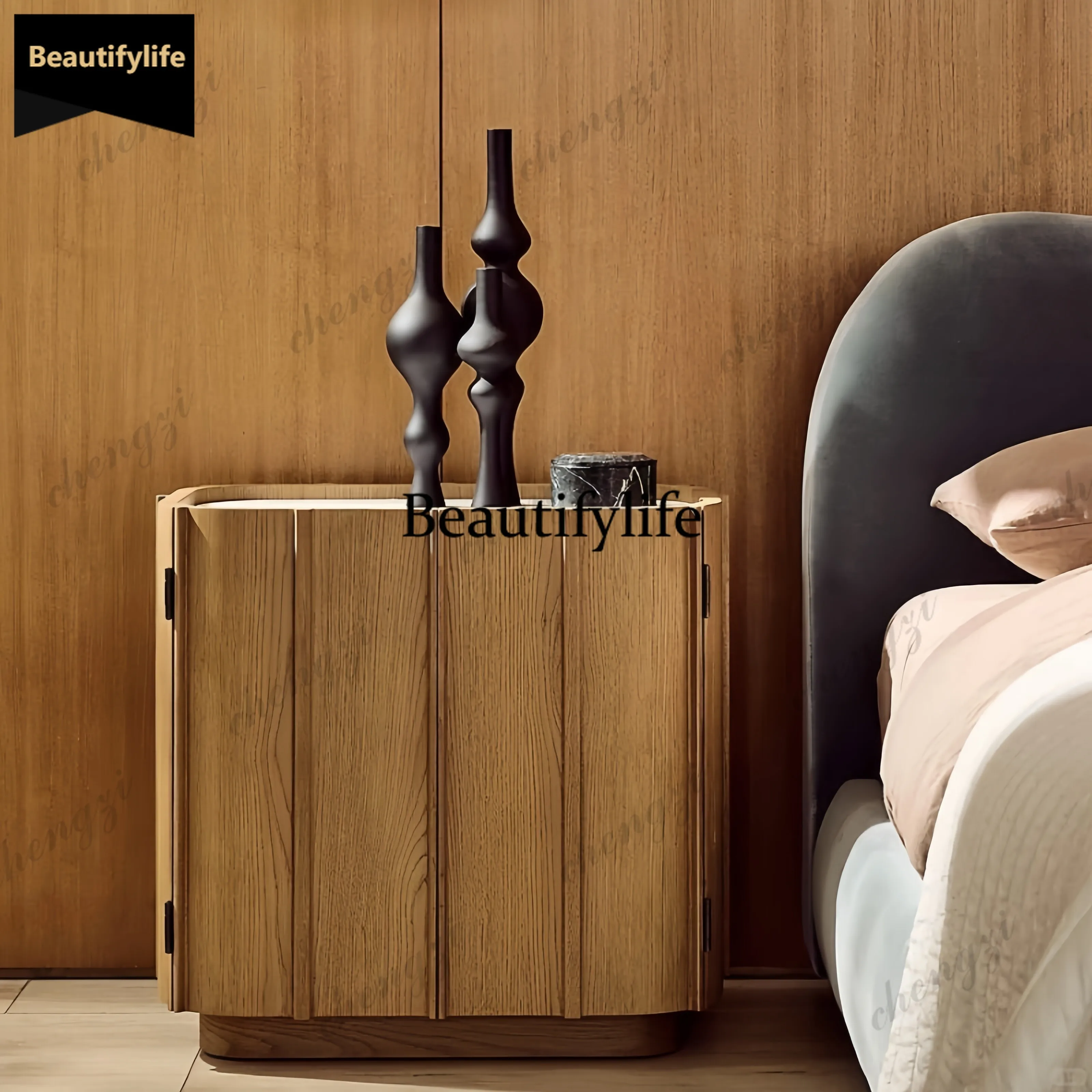 A68Medieval style natural marble bedside table retro style, light luxury home creative living room