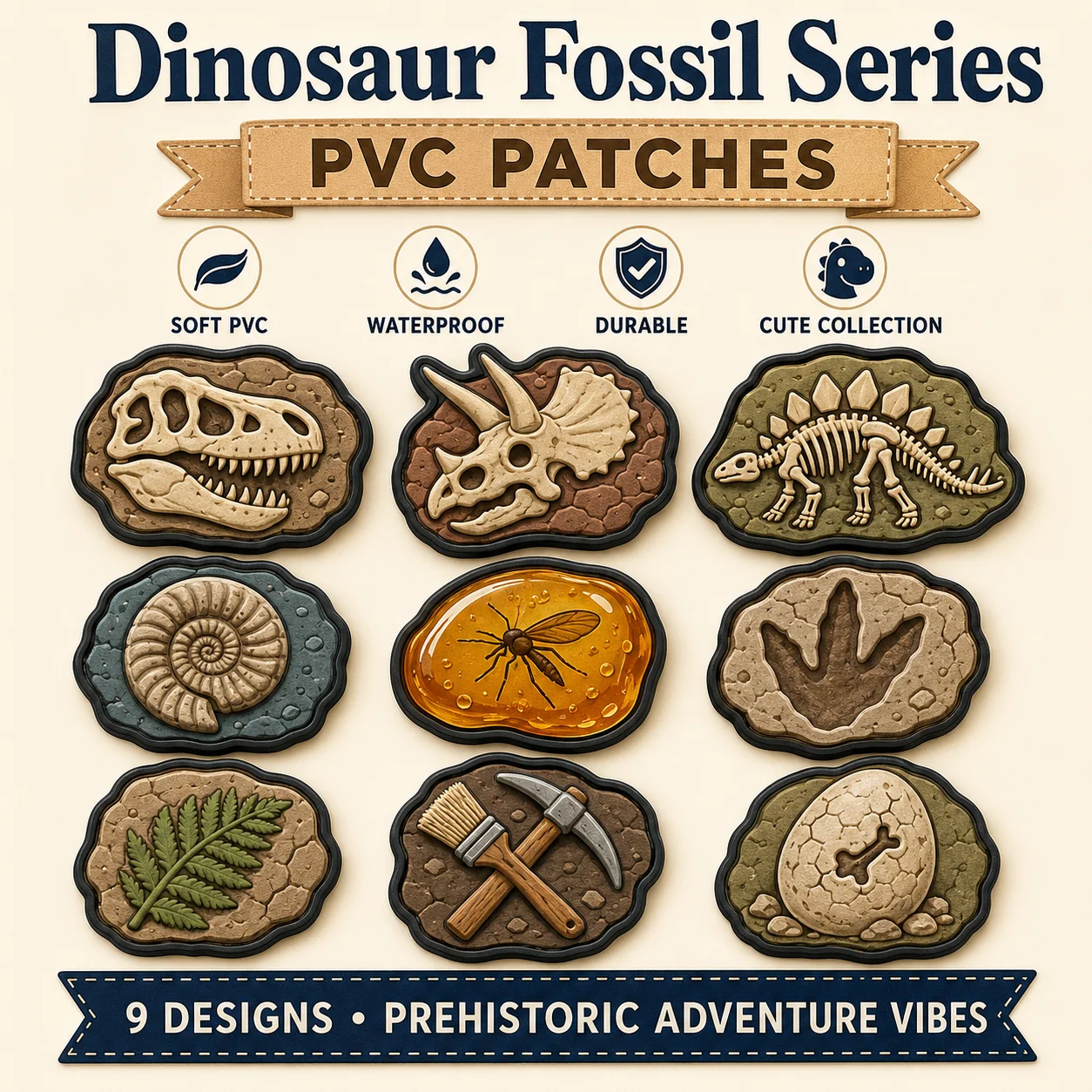 Custom Prehistoric PVC Patch Set Dinosaur Skeleton Fossil Amber Egg Fern Dig Tools Soft Rubber for Backpacks Jackets Hats
