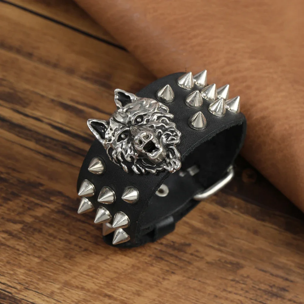 2025 Personalized Jewelry Handmade Weave Genuine Leather Wolf Head Bracelet Men Vintage Cuff Wide Leather Rivet Bracelet Pulsera