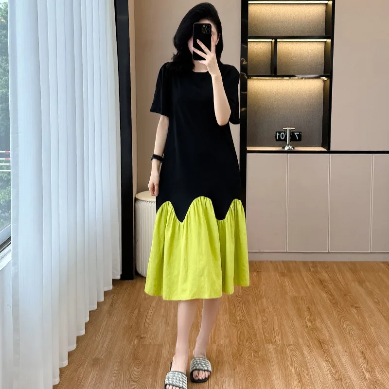 2025 여름 캐주얼 드레스 한국 캐주얼 배색 스티칭 드레스 여성 루즈 슬리밍 여성 티셔츠 피쉬테일 드레스