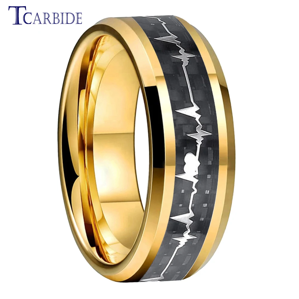 Bague en Carbure de Tungstène pour Homme et Femme, 8mm de Proximité, Bracelet de Fiançailles, Cardiogramme, Incrustation en Fibre de Carbone, Ajustement Confortable