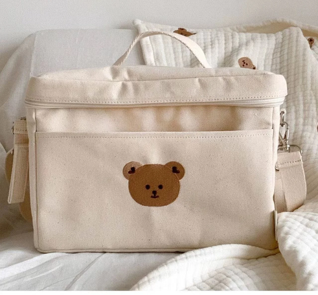 2023 Korean Style Kids Bear Bag Portable Vacuum Flask Baby Diaper Storage Bag Women Fashion Stroller Canvas Mommy Handbag INS