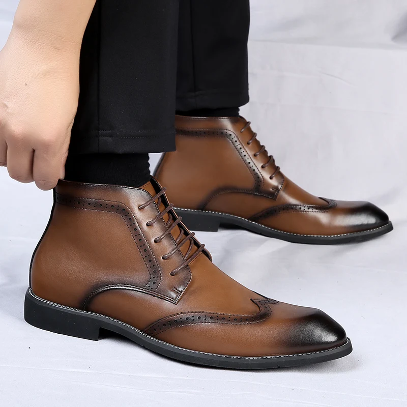 Ankle Boots Spring/Autumn Boots for Men Lace-up Brogue Shoes Brown Genuine Leather Casual Boots Work Office Wedding Formal Shoes