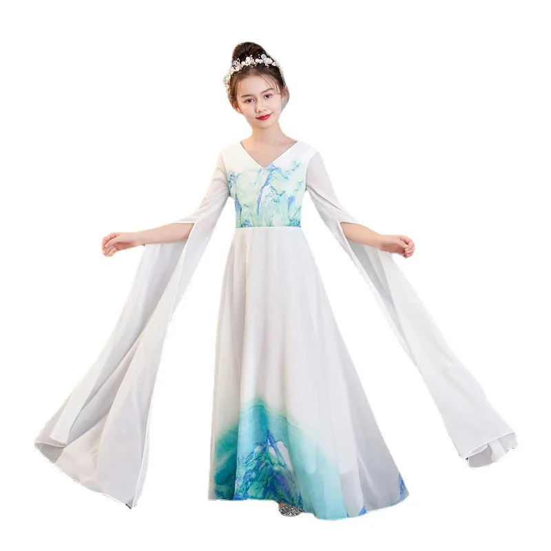 Estilo chinês decote em v branco impressão hanfu meninas traje antigo guzheng vestido de fadas cosplay palco wear