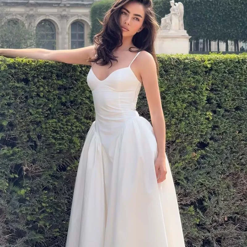 

Women Lace Up Bandage Back V Neck A-line Evening Party Dresses Midi Robe Sexy Spaghetti Straps Elegant White Dress