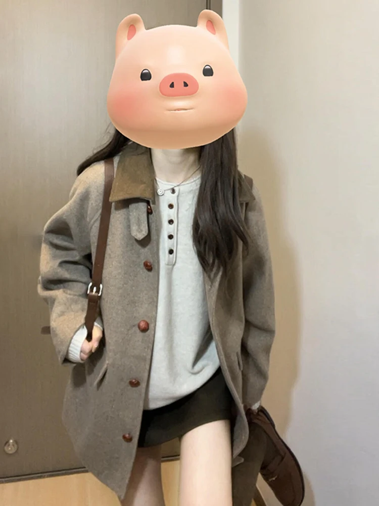 

Retro Short Woolen Coat Women's Spring Autumn Loose Fit Elegant Style Miniature Polyester Fiber Zipper Closure Jacket