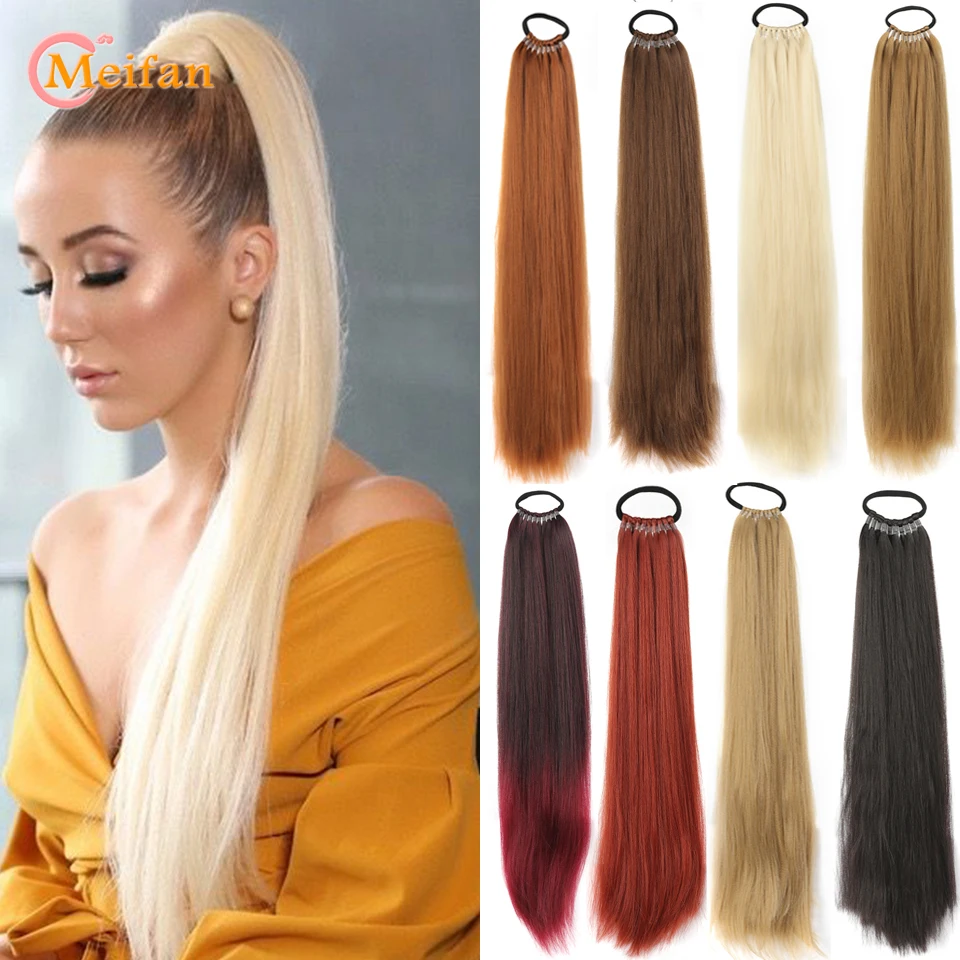 MEIFAN Long Straight Ponytail Extension with Elastic Tie 24Inch Natural Fake Pony Tail Soft Synthetic DIY Ponytail Hairpiece