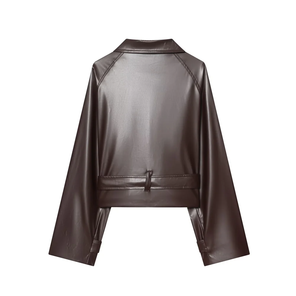 Nouveau manteau trench court en similicuir pour femme, style décontracté et polyvalent, à double boutonnage, avec ceinture décorative et revers, collection 2026