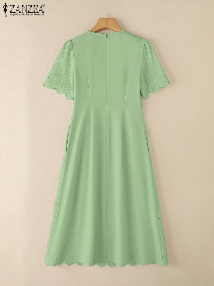 Women Summer Lace Crochet Dress ZANZEA Elegant O Neck Short Sleeve Office Work Midi Robe Stylish Casual Holiday Party Sundress