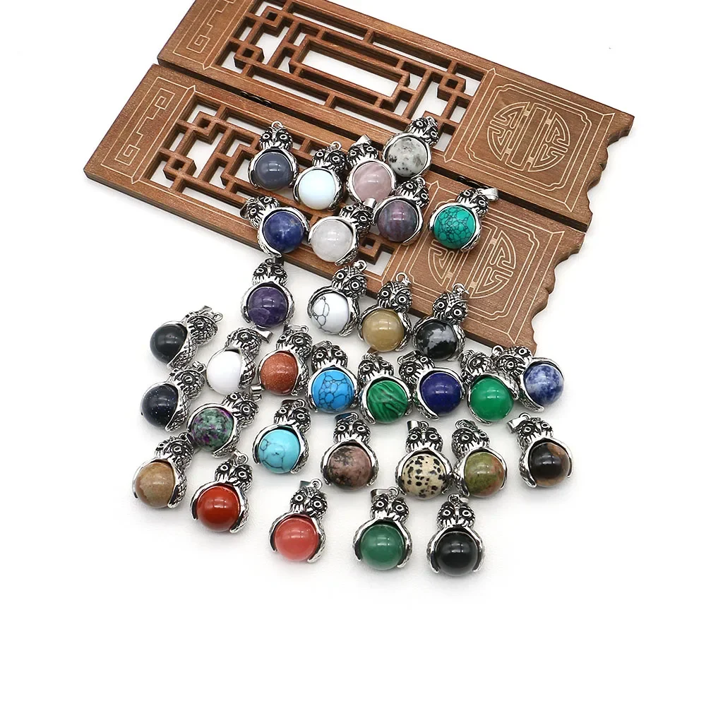 Natural Stone Crystal Inlaid Spherical Owl Pendant Necklace Accessory Wholesale of Handmade DIY Necklace Beading Materials