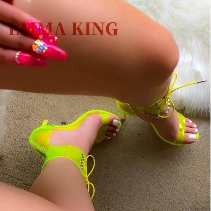 صنادل نسائية شفافة بحزام الكاحل PVC مفتوحة من الأمام بكعب عالٍ صنادل برباط بلون سادة أحذية صيفية للفتيات الحارة 45 #6