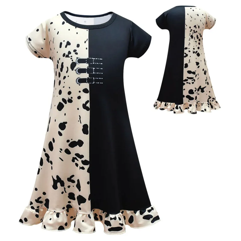 2024 New Movie Evil Madame Cruella De Vil Cosplay Costume Kids Gown Black White Maid Dress Fashion Polka Halloween Party dress