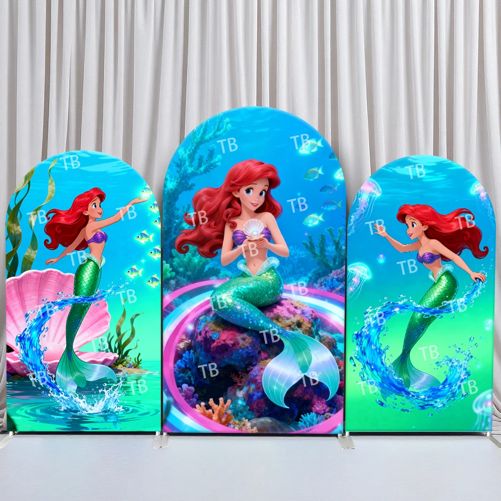 

Disney Ariel Arch Backdrop Cover Underwater Coral Shell Fish Jellyfish Wave Scene for Birthday and Baby Shower Party Photo Booth