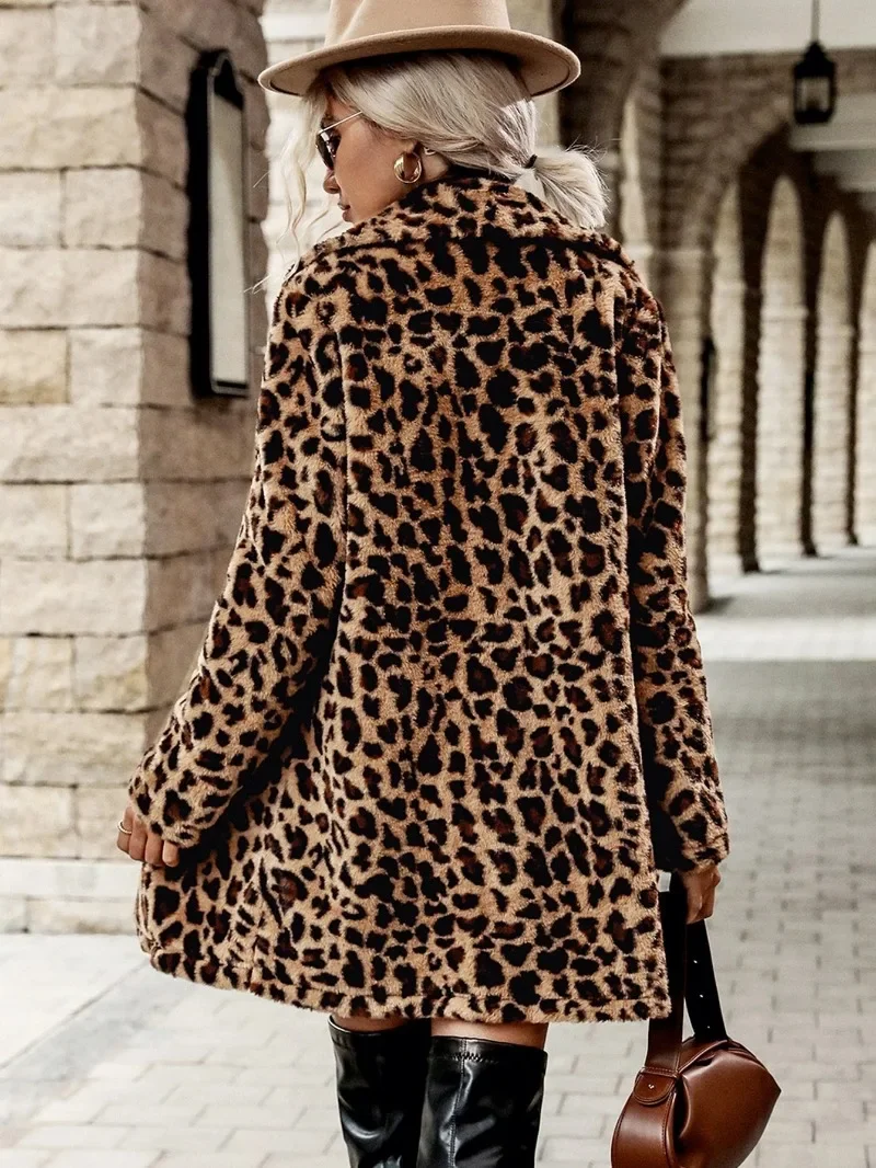 GUWU Winter New Women's Coat Leopard Print Long Sleeve Fur Warm Coat Street