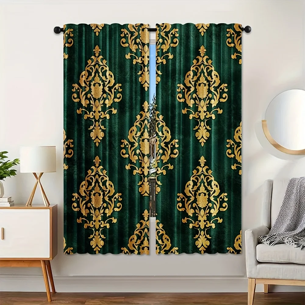 Luxury Emerald Green Velvet Damask Curtains Window Drapes Gold Ornate Baroque Polyester Fabric Home Decor Curtain Panels