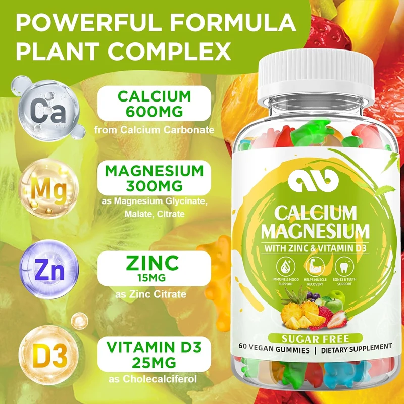 

Calcium, magnesium, and zinc supplements contain vitamin D3 for bone, muscle, and immune health, mixed flavors -60 pills