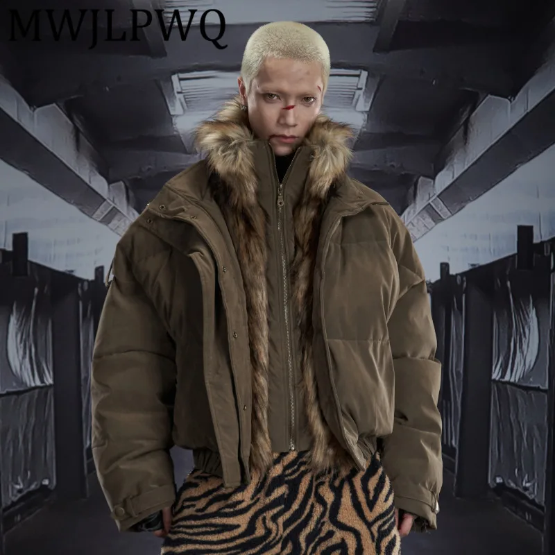 

MWJLPWQ Heavyweight Feel Furry Patchwork Loose Short Zipper Cotton Coat Men's High Street LLong Sleeve Chic Leather Jacket 12826