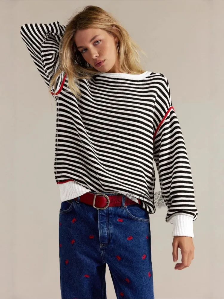 カラーブロッキングストライプニットセーター女性のためのファッション O ネック長袖ルーズプルオーバー秋冬女性カジュアル暖かいセーター