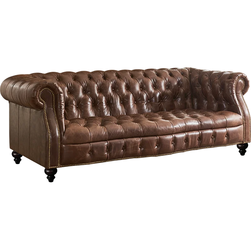 

Medieval American sofa leather combination living room retro pull button oil wax leather sofa