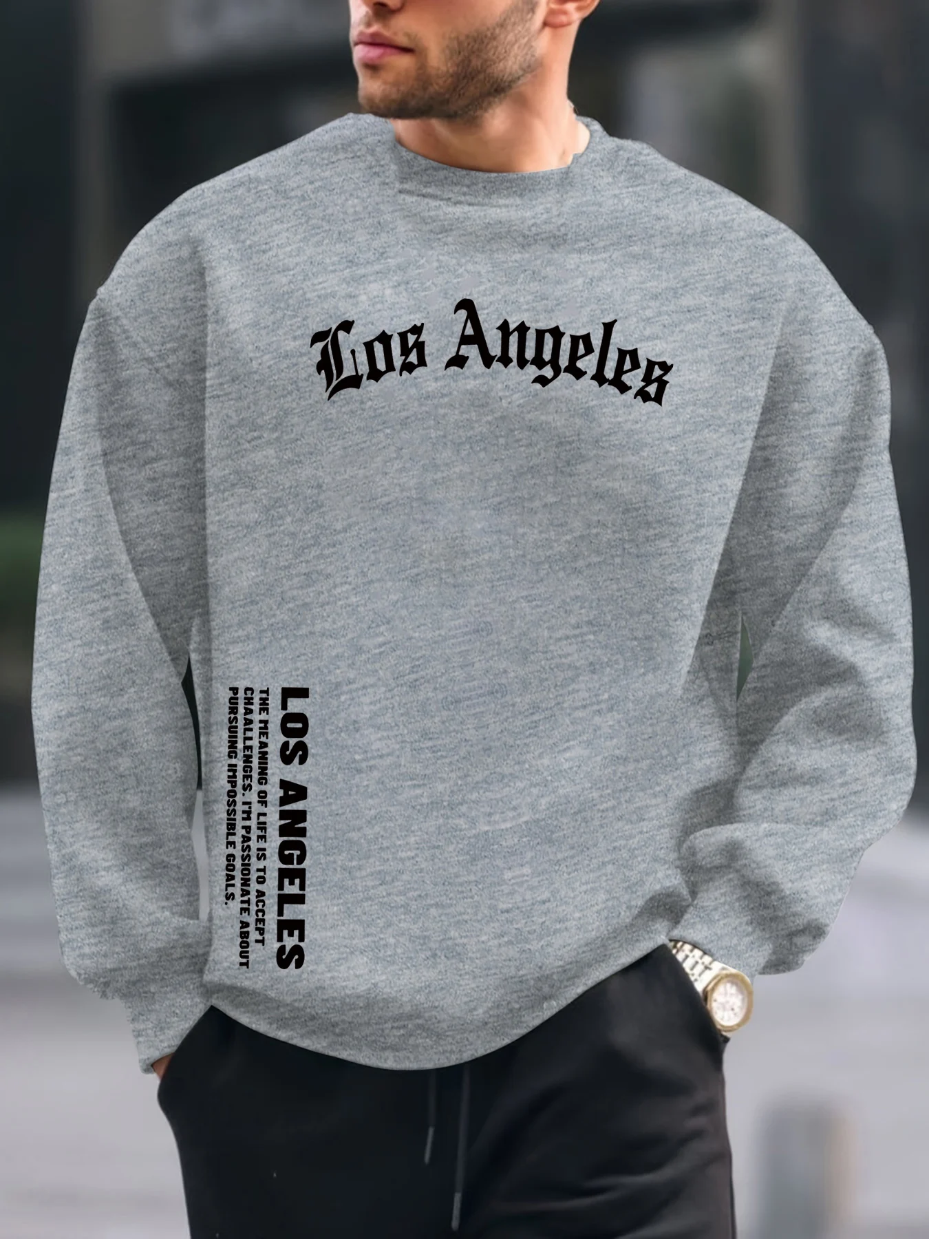 Men's autumn and winter fashionable casual loose Los Angeles letter graphic printed long sleeved round neck sweatshirt