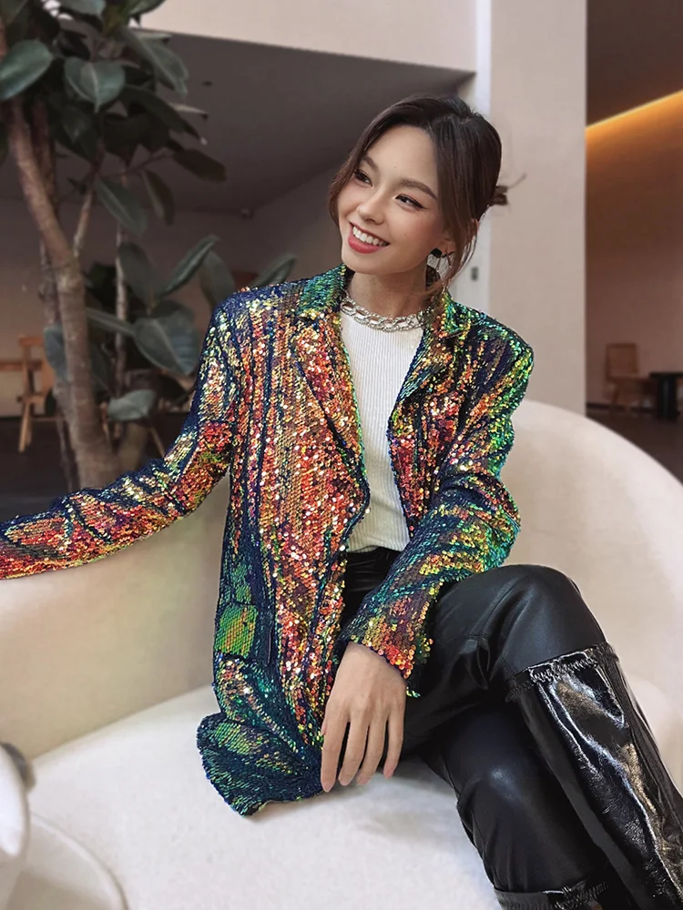 Dazzling Glitter Blazer for Women Perfect for Parties Sequin Suit Party Show Color jacket for lady 2024 New Arrival y2k