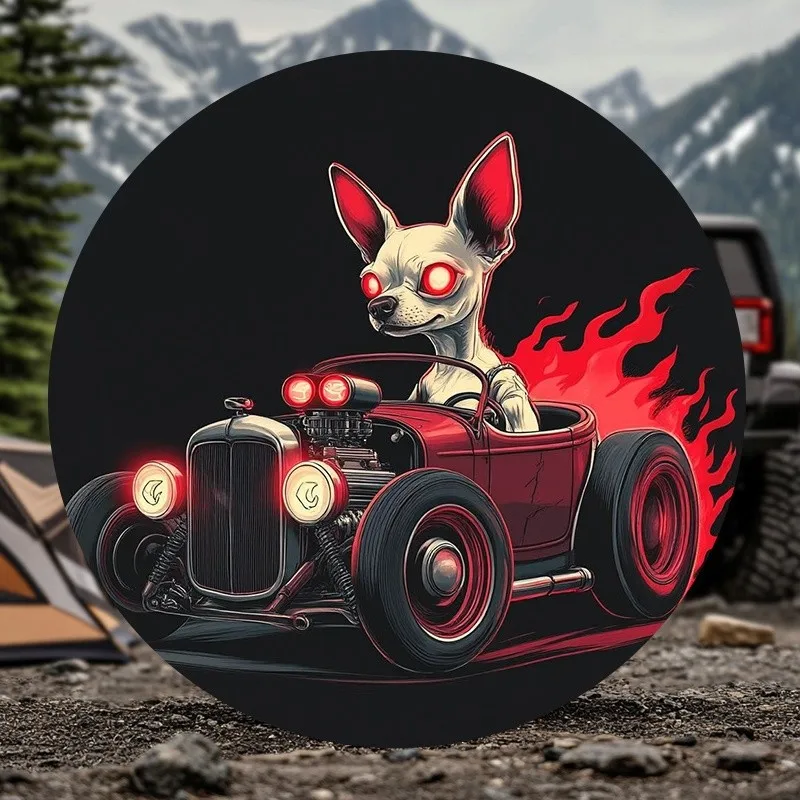 Chihuahua Hot Rod Spare Tire Cover Flames Graphic Waterproof Vinyl Protector