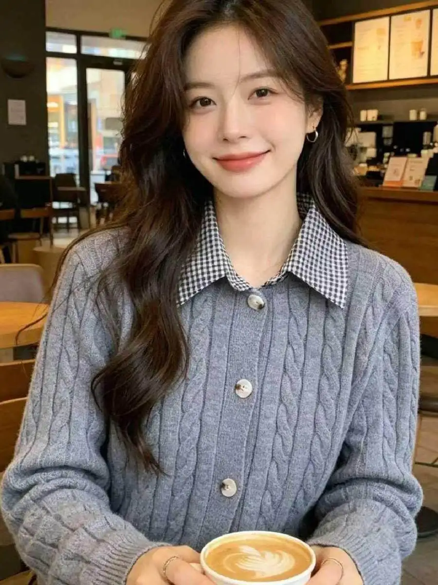 Autumn Winter Fashion Knitted Sweater Plaid Collar Lady Elegant Open Cardigan Top Knot Splice Anti-Aging Ladies' Shirt
