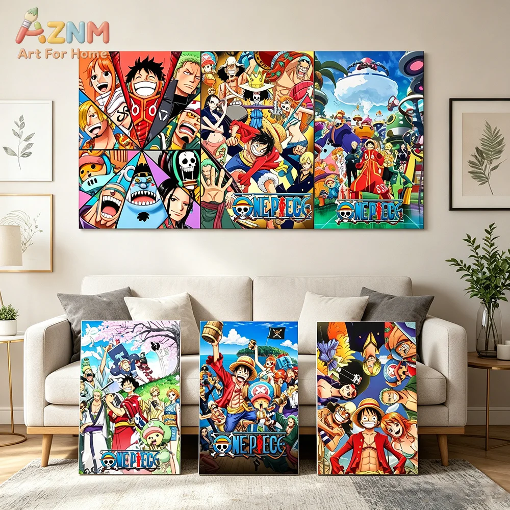 AZNM One Piece Straw Hat Crew Group Canvas Wall Art Full Anime Characters Print Unframed Canvas Painting For Living Room Home Wa
