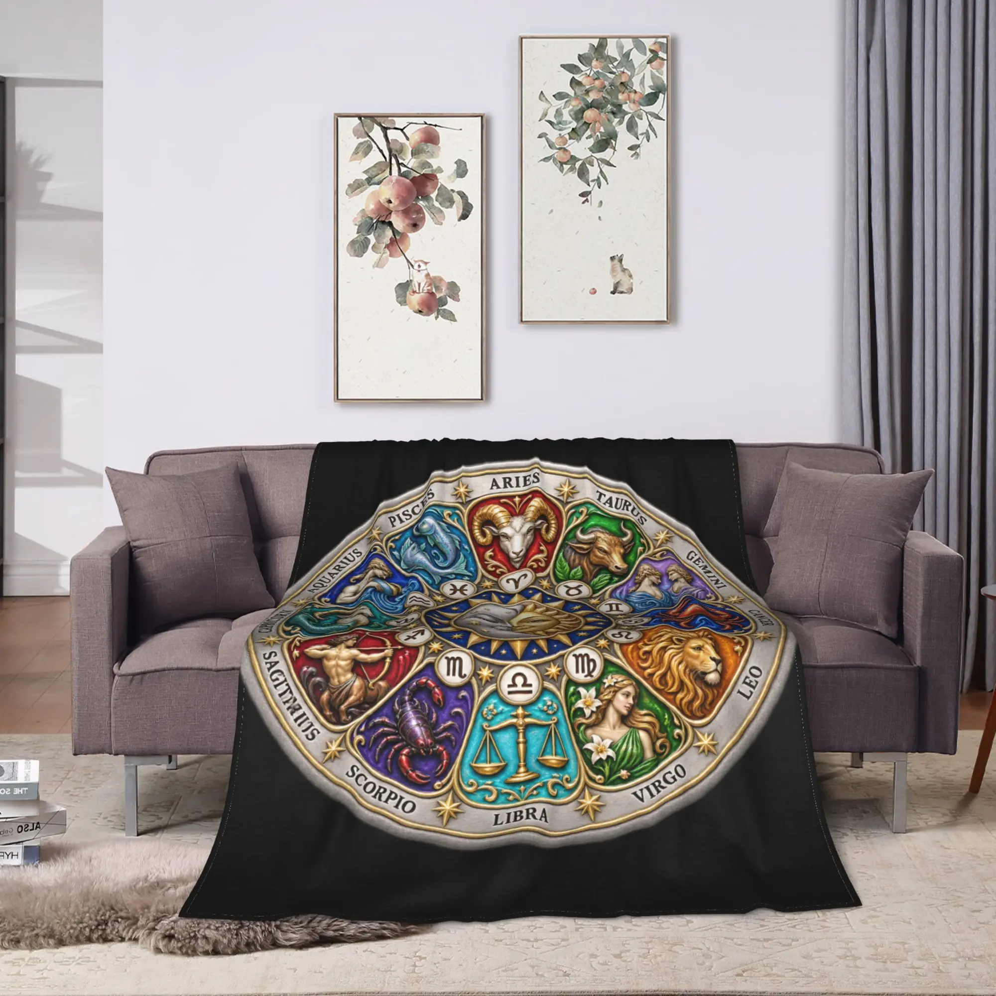 12 Zodiac Wheel Signs Astrology Sun Moon Astrology Lovers Super Warm Blanket Plush Throw Blanket Flannel Bedspread Bed Cover