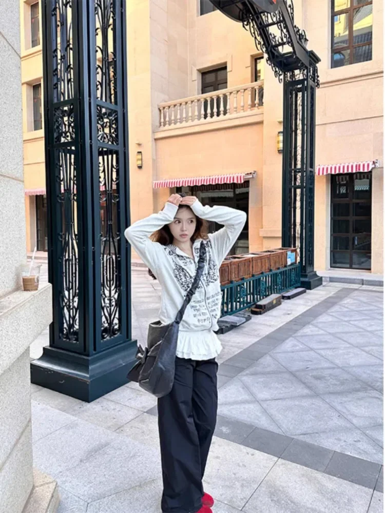 الأمريكية خمر رسالة مطبوعة الأبيض مقنعين البلوز 2025 الخريف الشتاء بلوزة جديدة للنساء فضفاضة طويلة الأكمام معطف غير رسمي