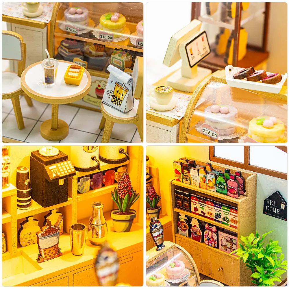 Diy Wooden Bubble Tea Shop Miniature House Model Assembly Material Kit Micro Landscape Ornament For Home Decor doll house gifts