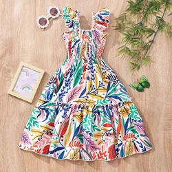 Colorful Leaves Children Clothes Girl Dress Short Sleeved Summer Striped Fashionable Casual Girls Dresses 2 3 4 5 6 7 Yrs