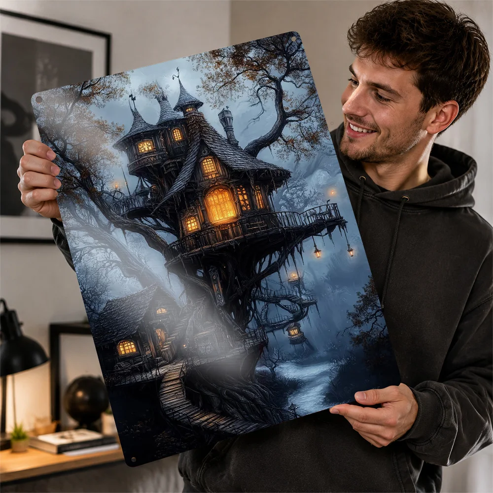 Fantasy Treehouse in Misty Forest 3D Texture Metal Poster Customized Wall Art Tin Sign Gift for Mancave Room Decorating Interior