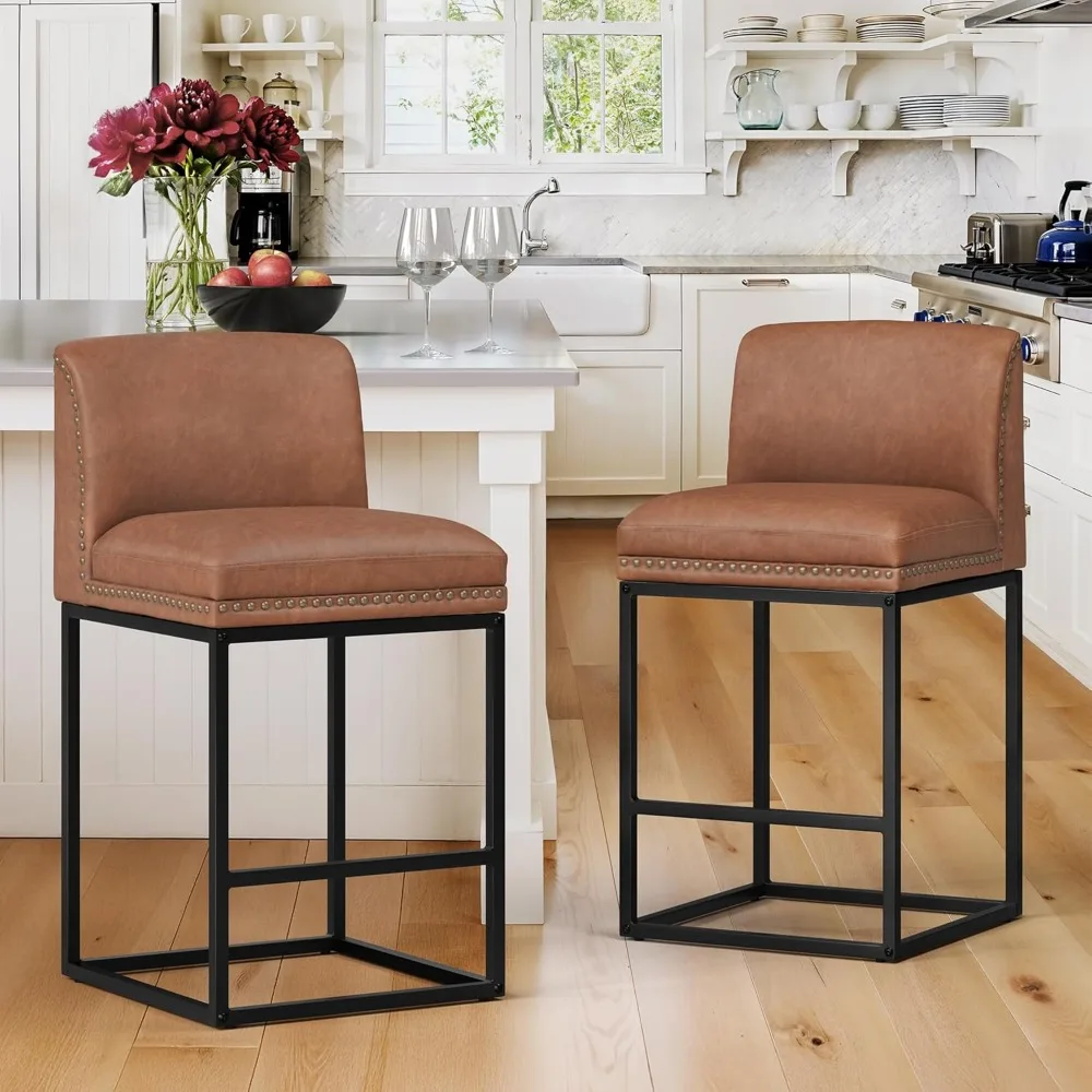 

26" Bar Stools Set of 2, Brown Faux Leather Barstools with 5.5" H Thickened Cushion, Modern Counter Height Bar Stools