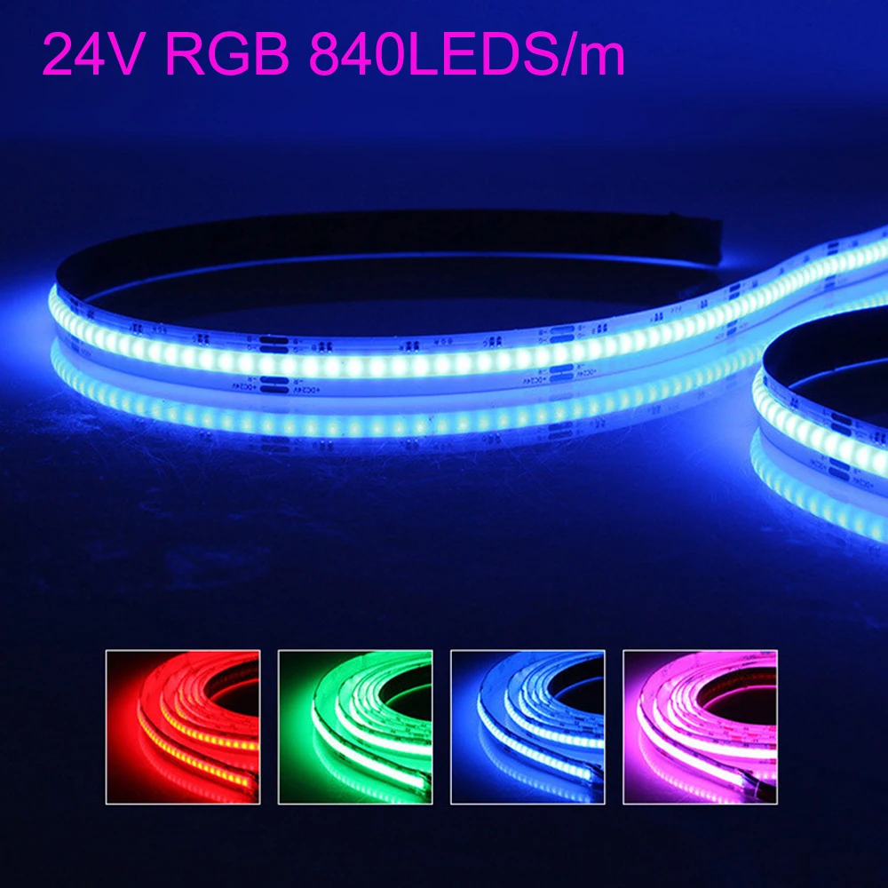 

RGB COB LED Strip Light 24V 840LEDs/M 10mm PCB High Density Flex LED Tape Light Dimmable FOB Linear Ribbon 24V