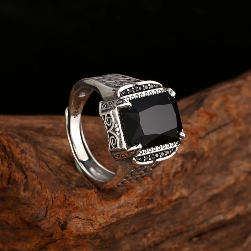 S925 Sterling Silver Black Zircon Adjustable Ring Punk Style Old Process Free Size Women Fine Jewelry FYRNG159