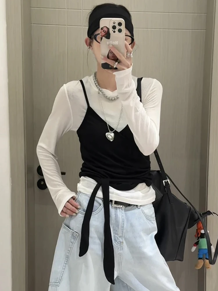 

Korean Sle Long Sve T-irt Set Women's Faionable Base Layer Tank Top Two-Piece Set Commute Sle Straight Cut Daily Wear