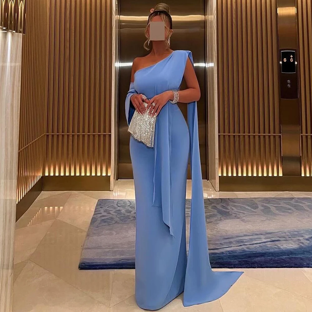 

2025 Formal Party Dresses Saudi Sheath/Column Jersey Celebrity Dress Sky Blue One-shoulder Draped Simple Evening Gown Long