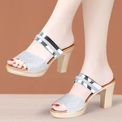 Small Size 32-43 Gold Silver Bling Wedding Shoes Summer Women's Platform Slippers 2024 Block High Heels Slides Office Model