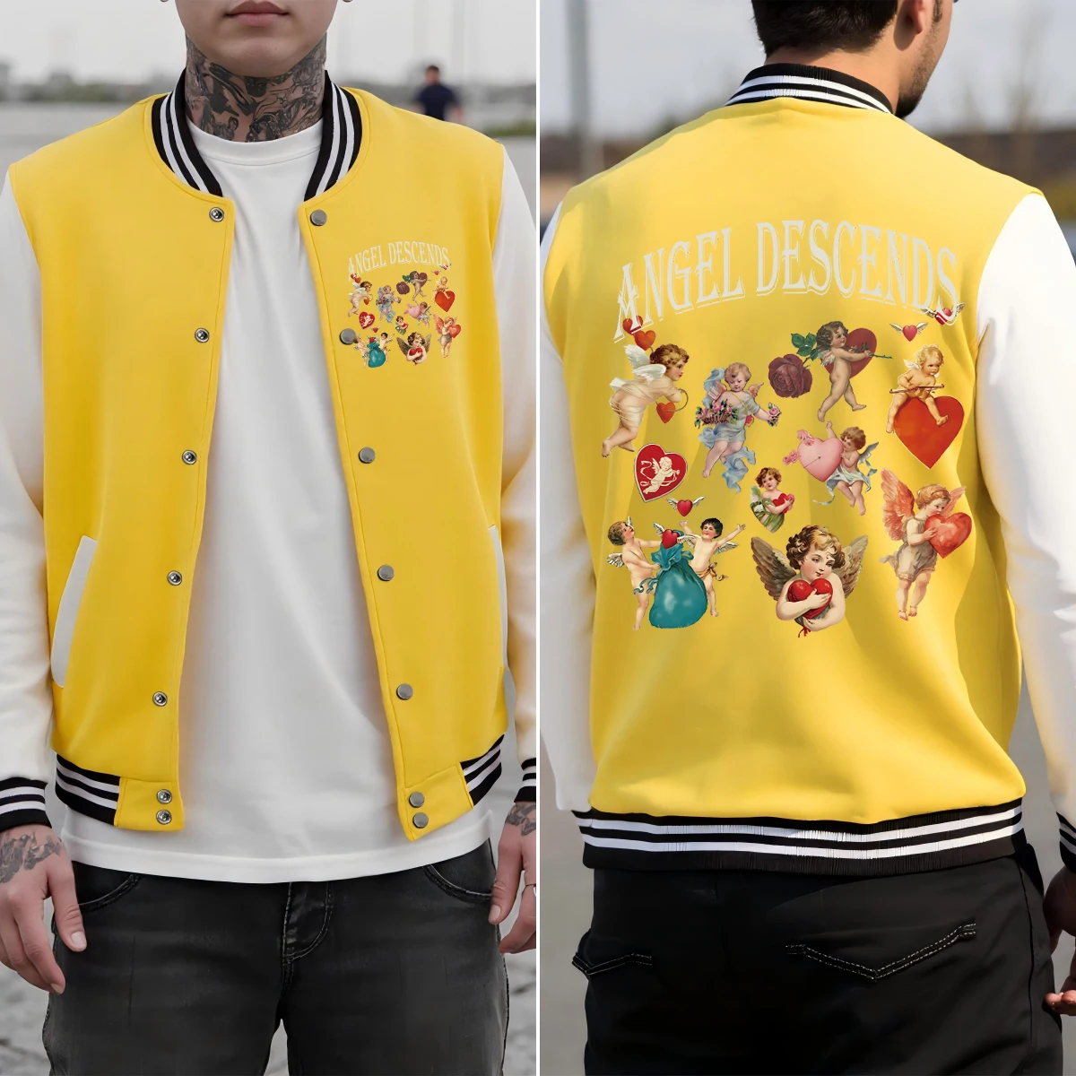 

Many Angel Descends Printing Man Baseball Uniform Fashion Colorful Jackets Loose Autumn Clothes Street Cotton Sportswear
