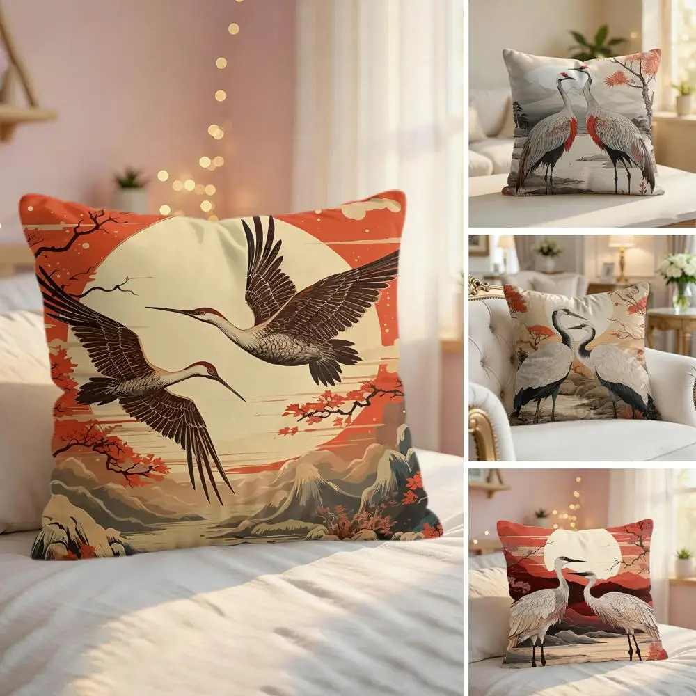 Style Cranes Cushion Cover Eco Linen Pillow Case | Double-Sided Print, Breathable & Durable, Hidden Zipper Home Decor