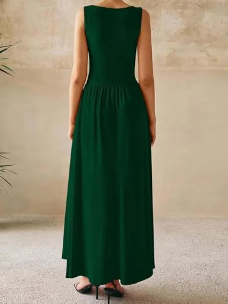 New Shimmering Sleeveless Festive Red Dress High-Waisted Flowy Full-Skirted Women Clothes Summer Pockets Evening Long Dresses