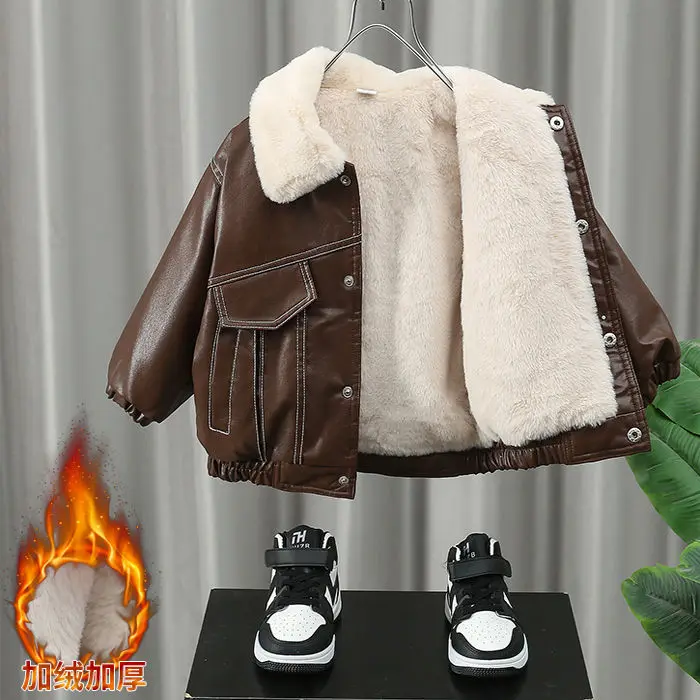 Children\'s Boys Leather Jacket Jacket 2023 New Foreign-style Baby Spring, Fall and Winter Children Korean Padded Thick Jacket