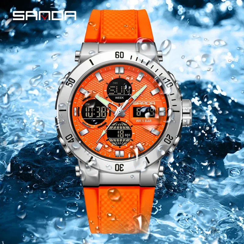SANDA ساعة رياضية للرجال موضة فاخرة مقاومة للماء متعددة الوظائف كوارتز ساعات المعصم العسكرية الرقمية تاريخ الأسبوع ساعة مضيئة