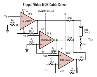 LT6559 LT6559CUD LT6559IUD - Low Cost 5V/+-5V 300MHz Triple Video Amplifier in 3mm x 3mm QFN