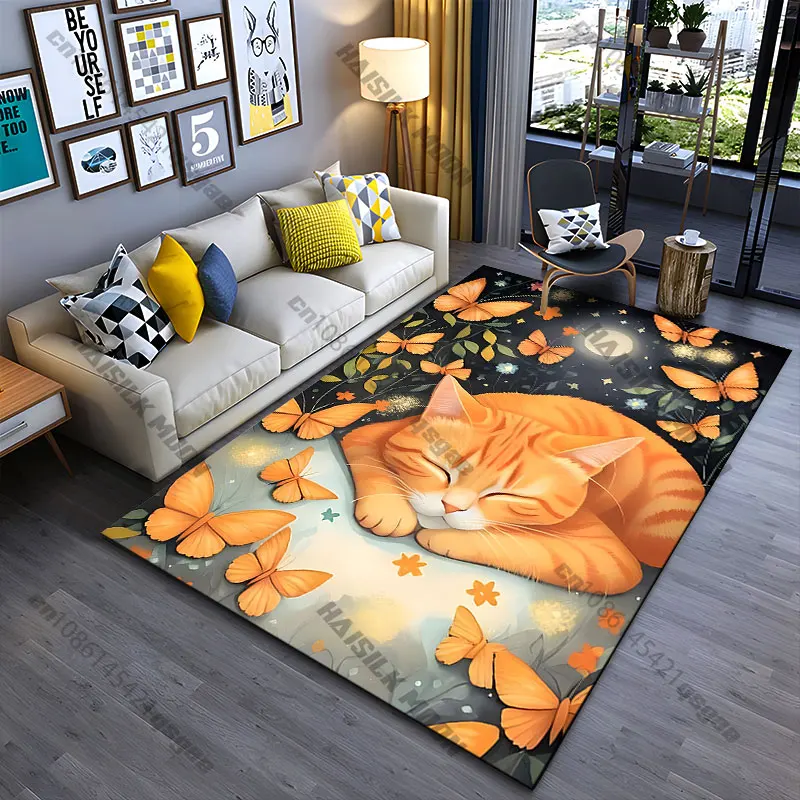 Peaceful cat with butterflies carpet Yoga living room room decor children's crawling mat doormat area rug games mat