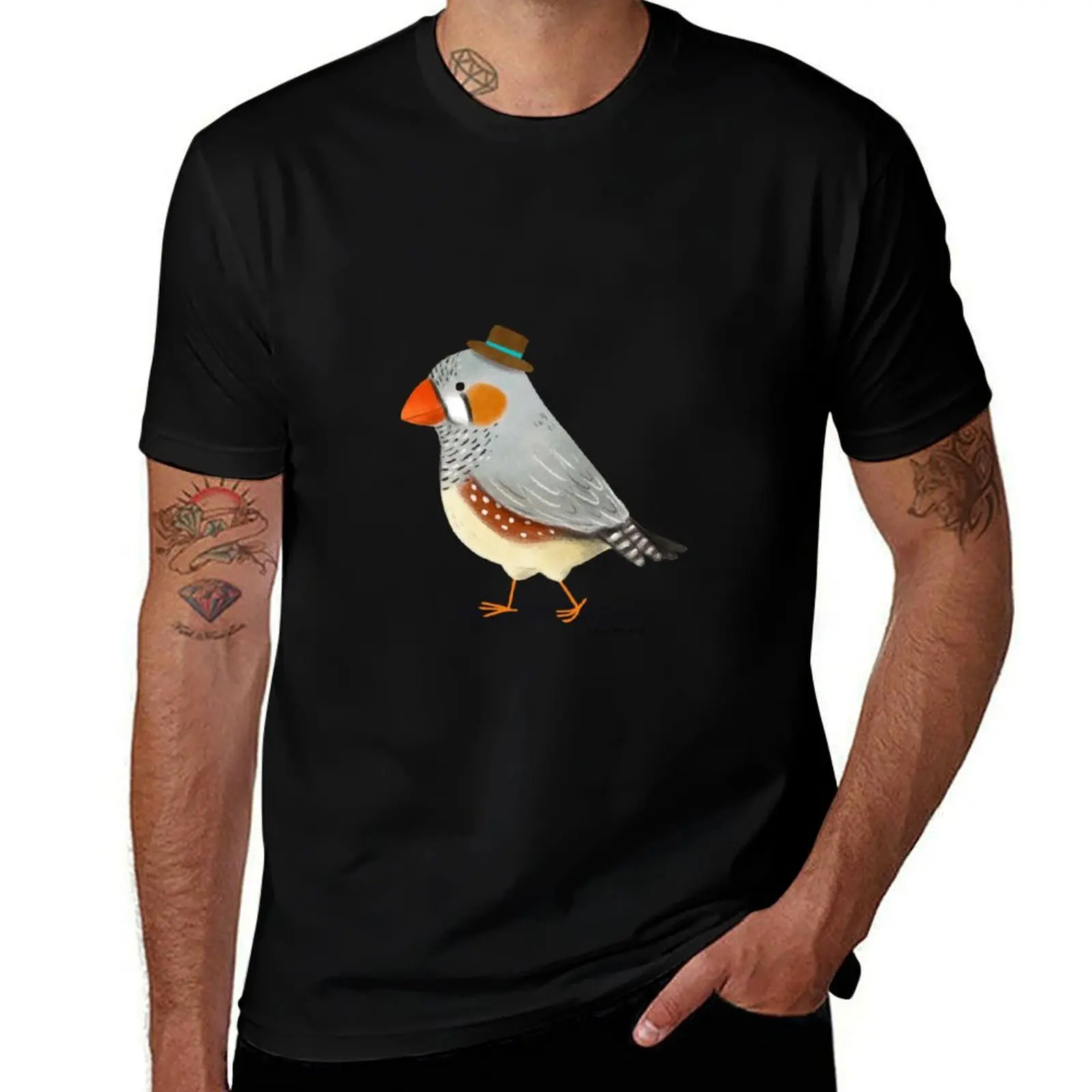 Zebra Finch Bird with hat T-Shirt Work Wear Breathable Tee T-Shirt