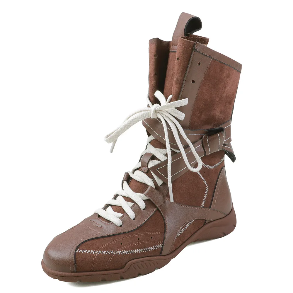 

2025 Women Lace-Up Sneakers for Woman Round Toe Ankle Flat Bottom Genuine Leather Boots Mujer Cowboy Buckle Strap High Toe Shoes