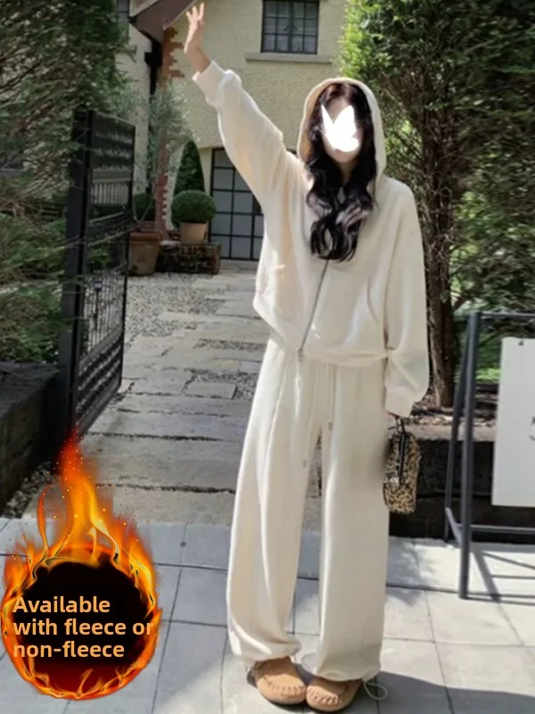 

Fashionable Anti-Aging Casual Sports Set Women's Loose Korean Version Fleece Jacket Top Wide Leg Pants Two-Piece Set