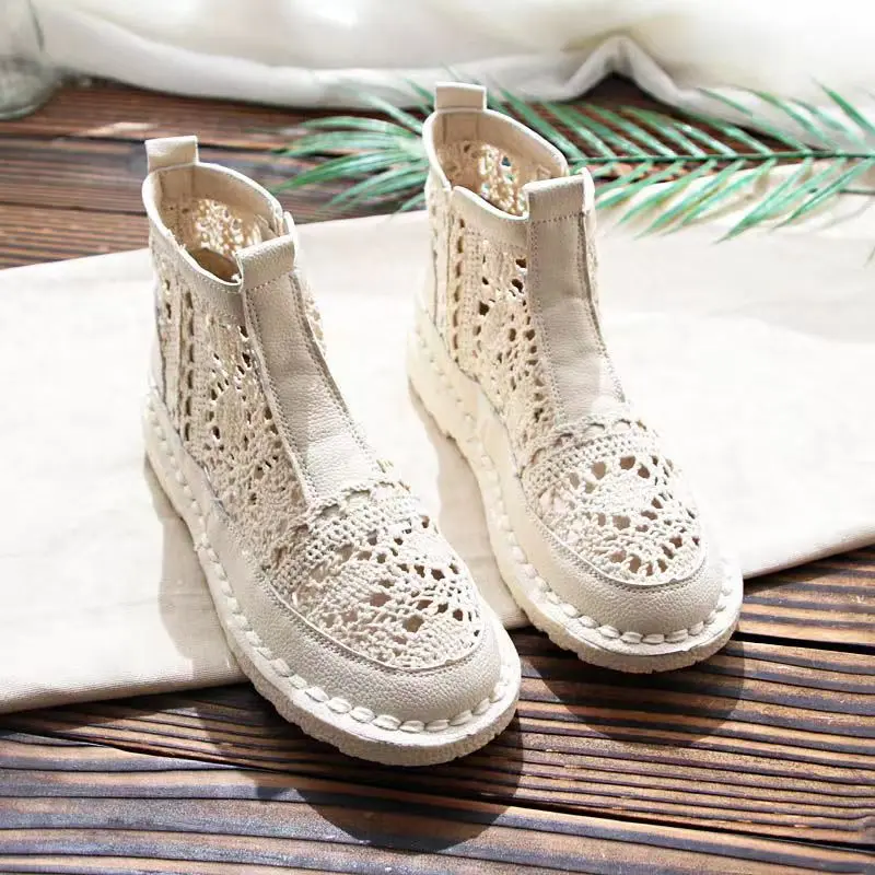 

2024 New Summer Women's Lace Hollow High Top Flat sole Boots Soft Sole Non Slip Breathable Slip-On Ankle Boots